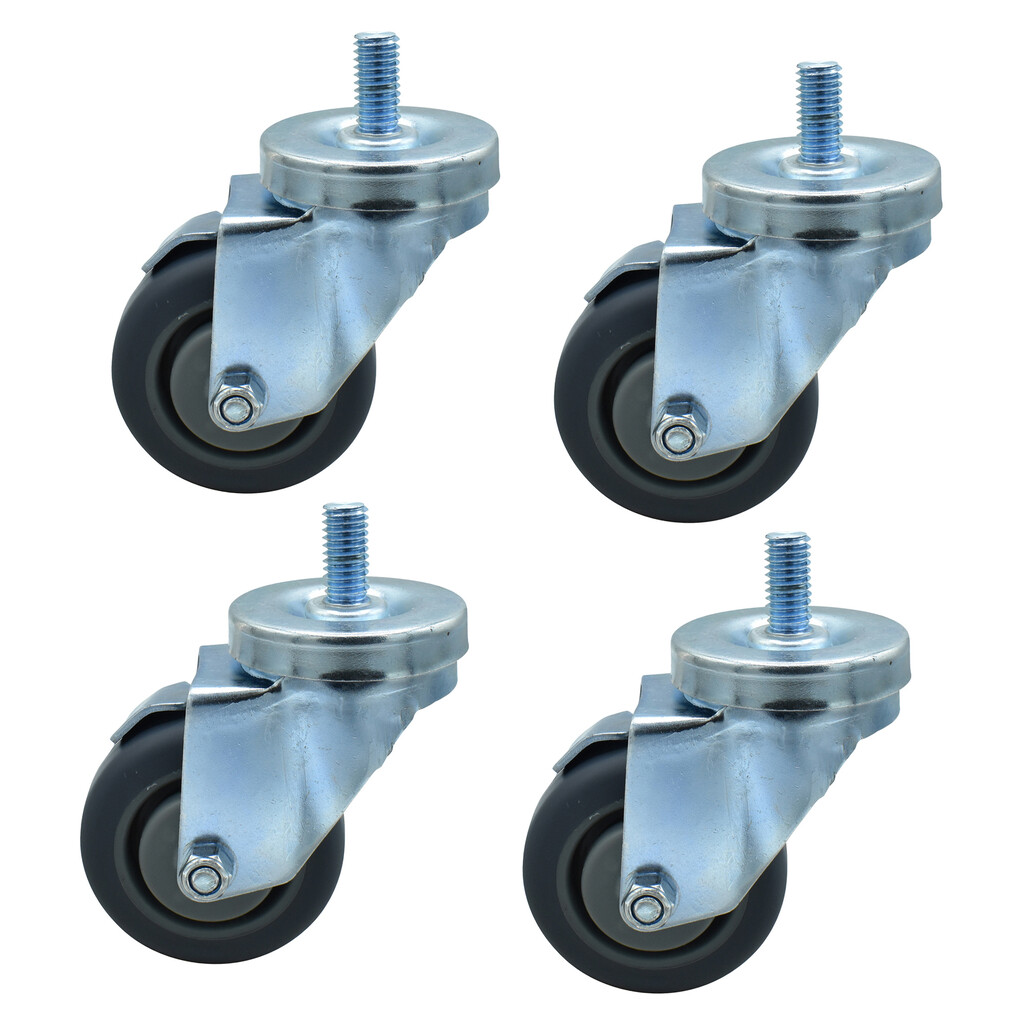 Set of (4) 3" Gray Rubber Wheel 1/2"-13x1" Threaded Stem Swivel Casters With Top Lock Brake