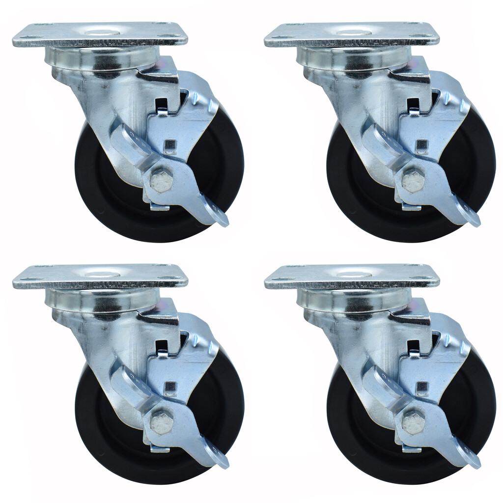 Set of (4) 4" Polyolefin Wheel Swivel Caster With 2-3/8"X3-5/8" Top Plate With Top Lock Brake