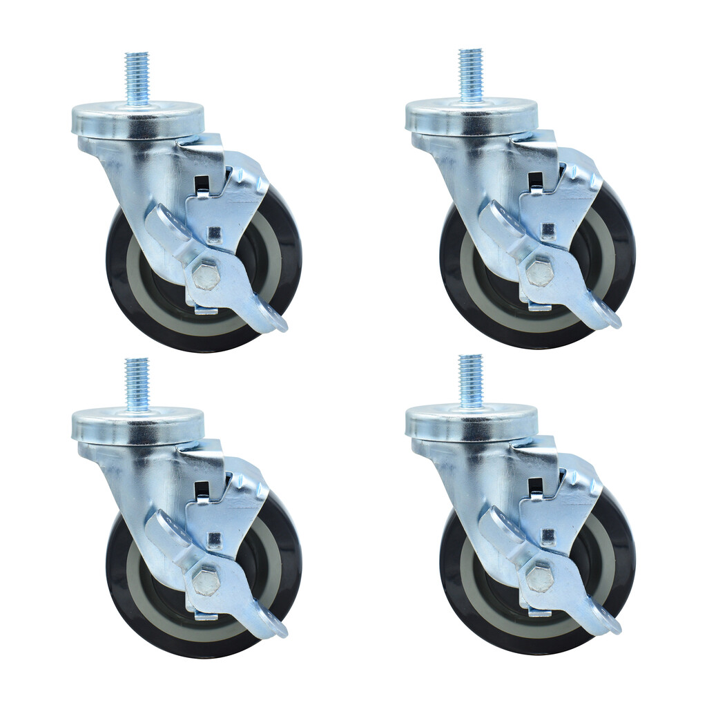 Set of (4) 4" Polyurethane Wheel 1/2"-13x1" Threaded Stem Swivel Casters With Top Lock Brake