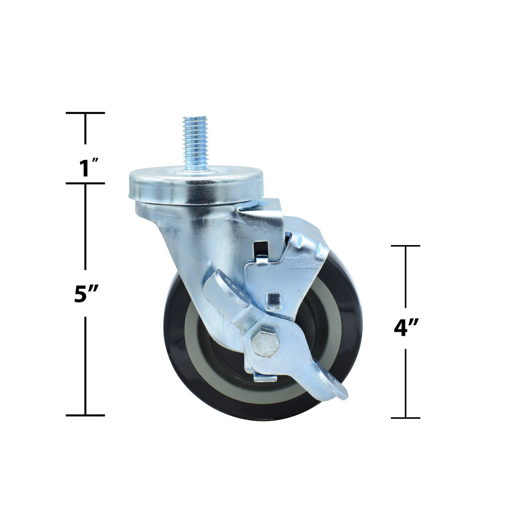 Set of (4) 4" Polyurethane Wheel 1/2"-13x1" Threaded Stem Swivel Casters With Top Lock Brake