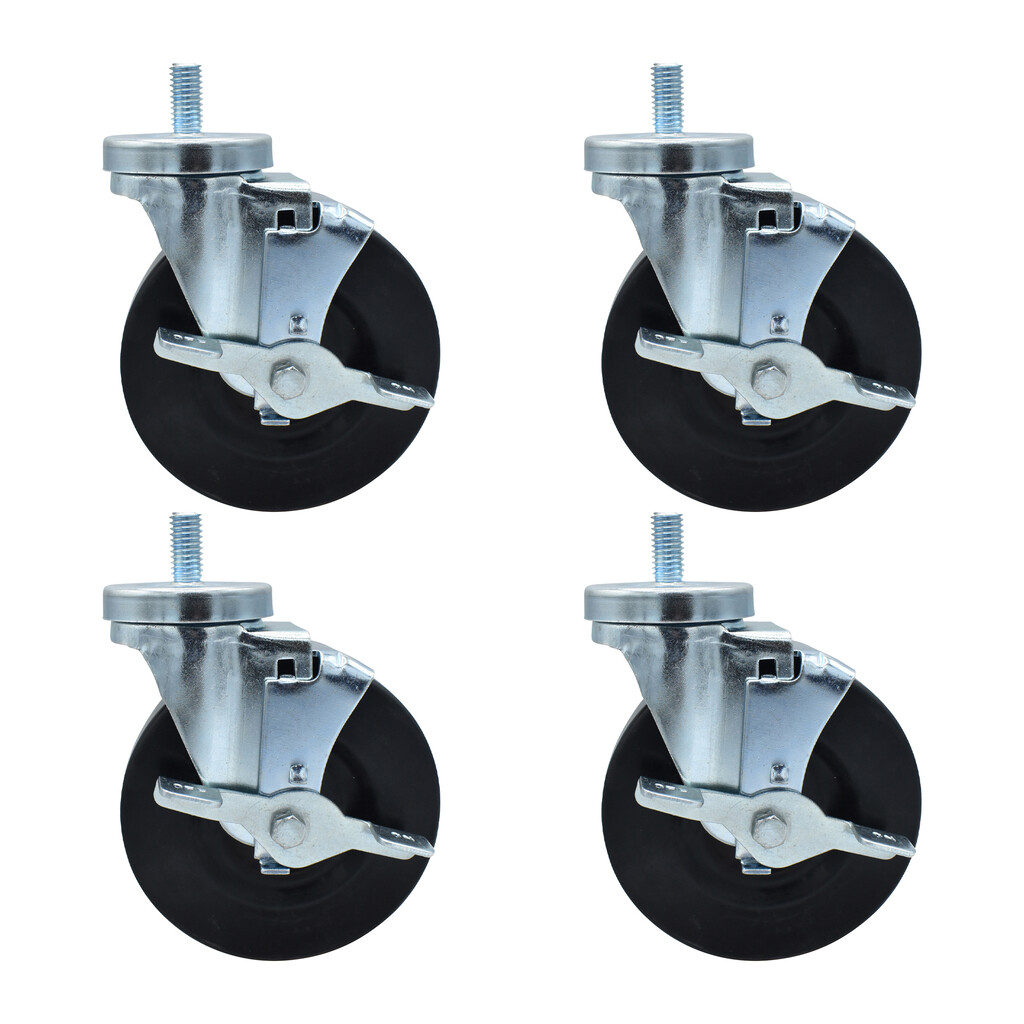 Set of (4) 5" Hard Rubber Wheel 1/2"-13x1" Threaded Stem Swivel Casters With Top Lock Brake