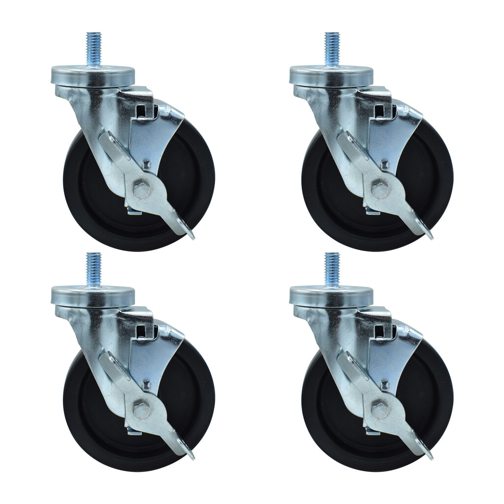 Set of (4) 5" Polyolefin Wheel 1/2"-13x1" Threaded Stem Swivel Casters With Top Lock Brake