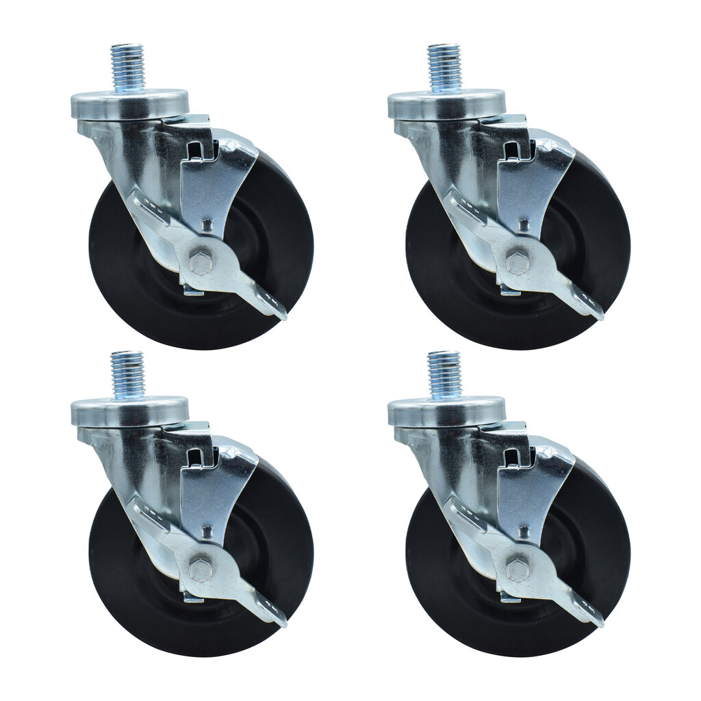 Set of (4) 5" Hard Rubber Wheel 3/4"-10x1" Threaded Stem Swivel Casters With Top Lock Brake