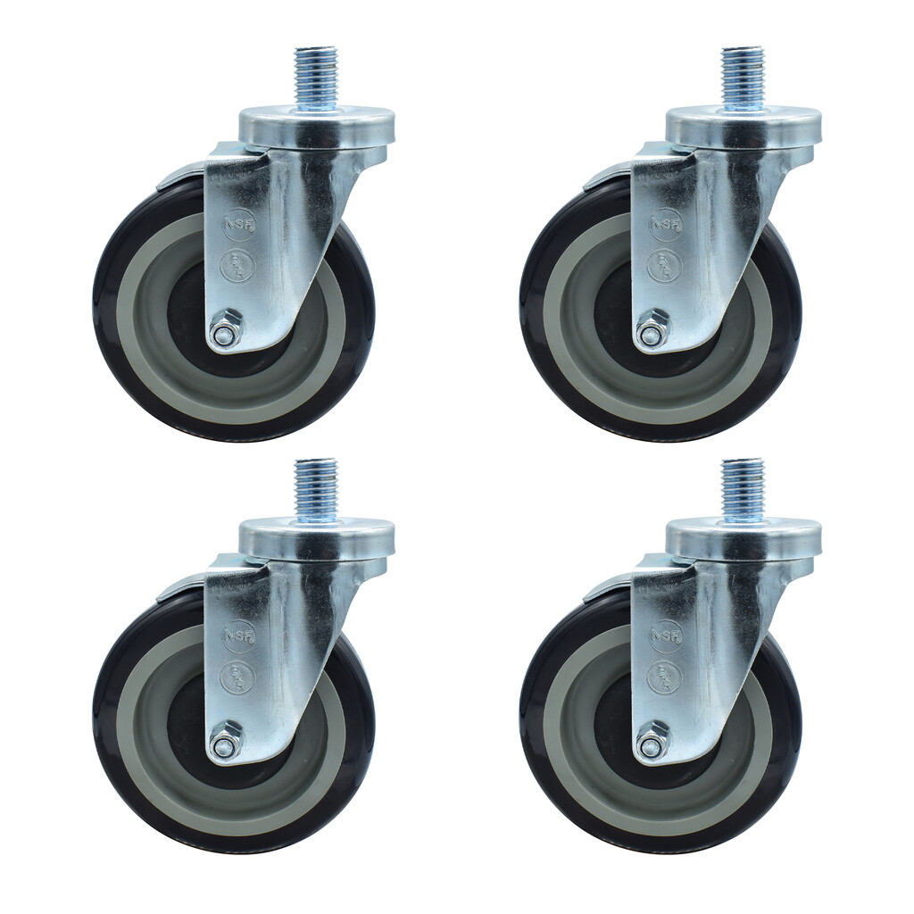 Set of (4) 5" Polyurethane Wheel 3/4"-10x1" Threaded Stem Swivel Casters With Top Lock Brake