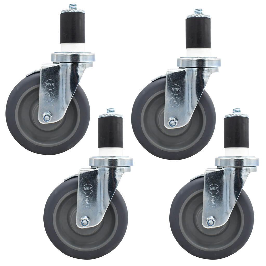 Set of (4) 5" Gray Rubber Wheel With 1-5/8" Expanding Stem Swivel Caster With Top Lock Brake For Work Table