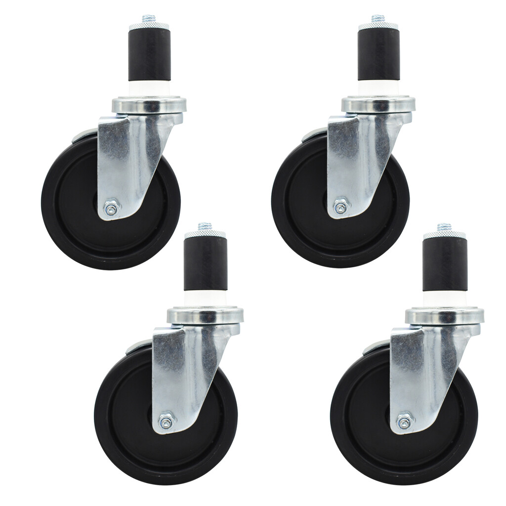 Set of (4) 5" Polyolefin Wheel With 1-5/8" Expanding Stem Swivel Caster With Top Lock Brake For Work Table