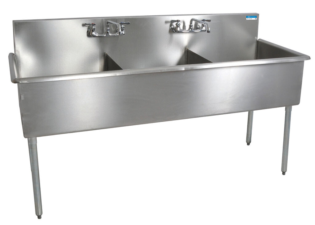 Stainless Steel 3 Compartment Budget Sink, Rolled Edges 12X21X12D