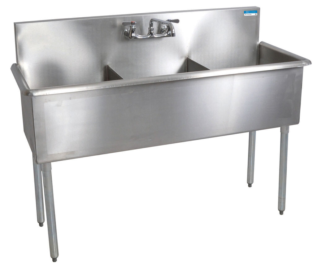 Stainless Steel 3 Compartment Budget Sink, Rolled Edges 18X18X12D Bowls