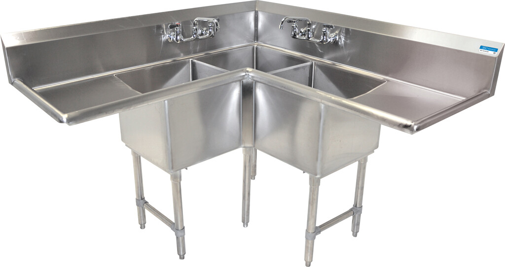 Stainless Steel 3 Compartment Corner Sink w/  Dual 24" Drainboards 18X18X14