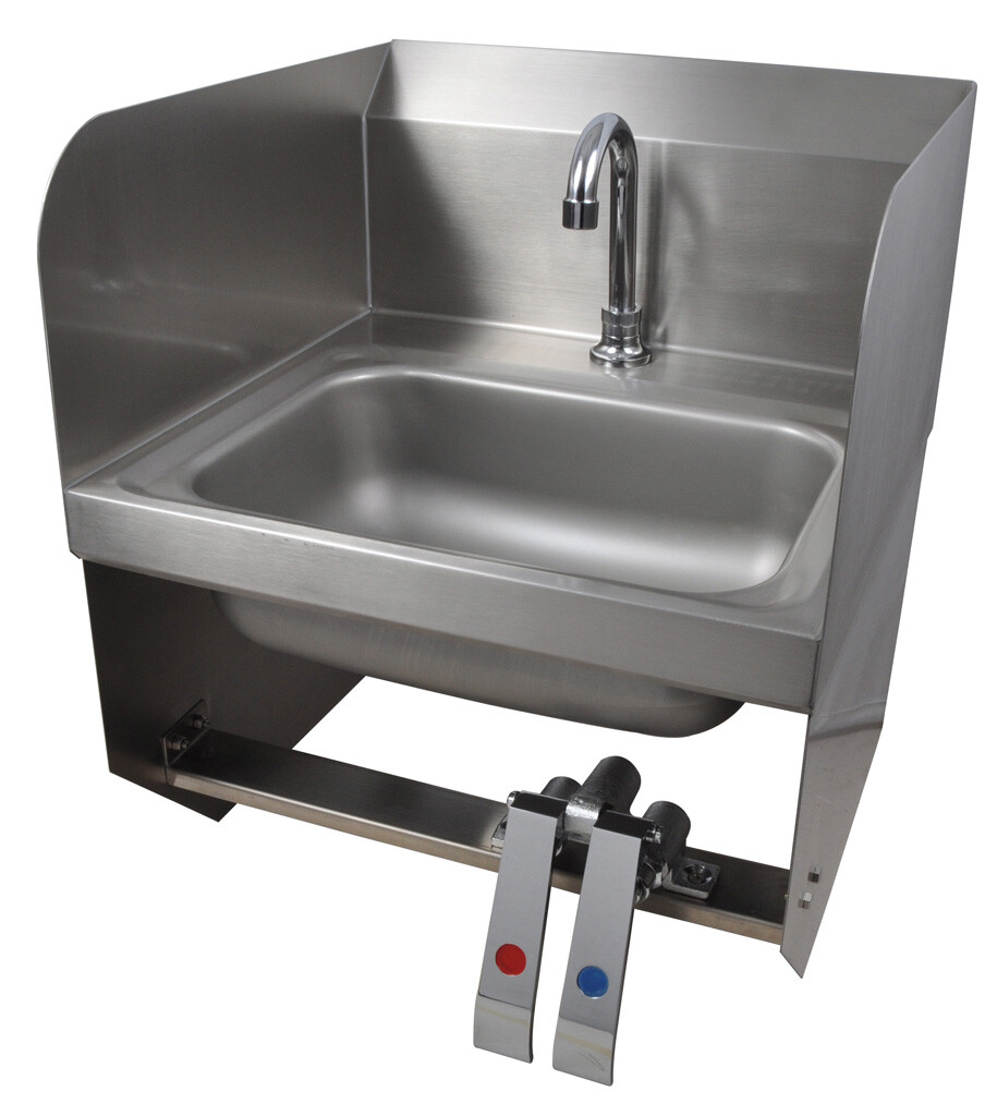 Stainless Steel Hand Sink w/ Side Splashes, Knee Valve Brackets, Faucet, 1 Hole