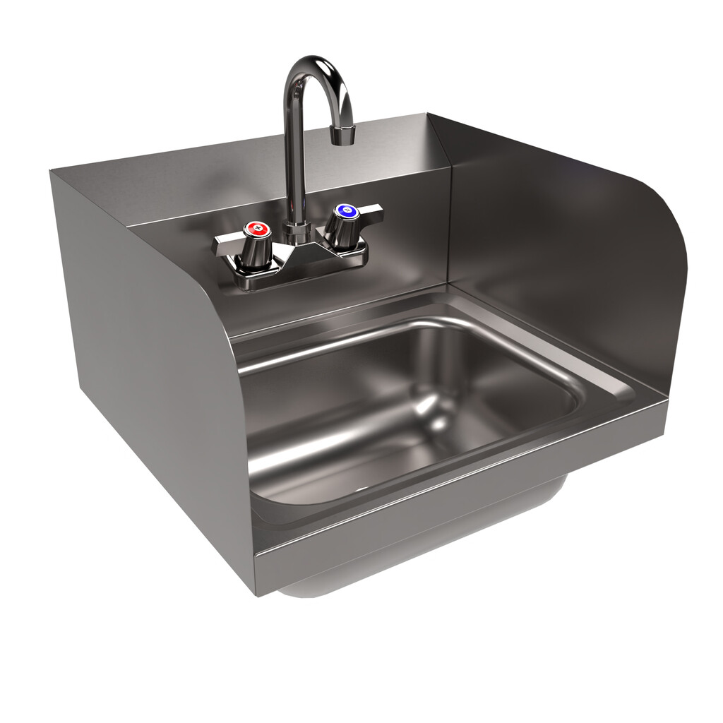 Stainless Steel Hand Sink w/Side Splashes & Faucet, 2 Holes 14”x10”x5”