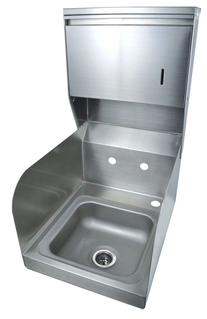 Space Saver Hand Sink W/Side Splashes, Towel Disp, 2 Holes 9"x9"x5"