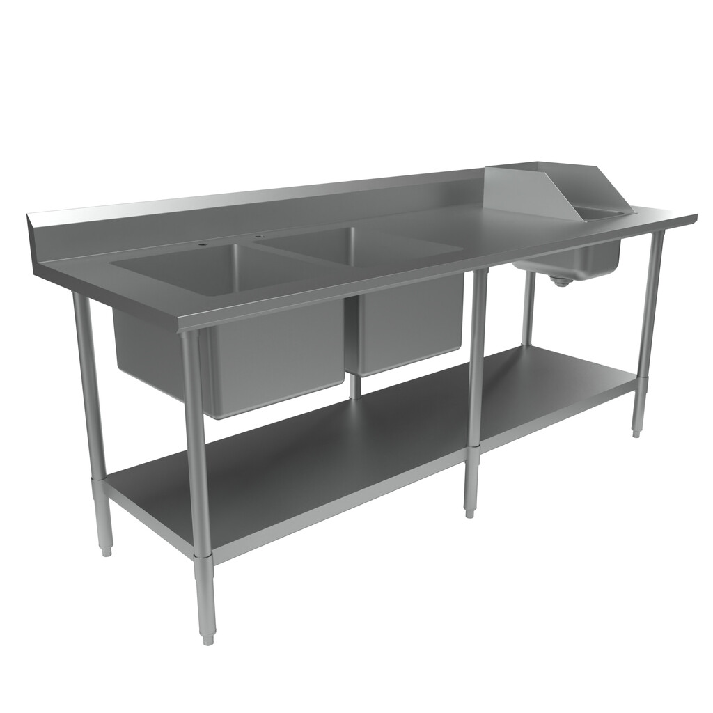 16 Ga Stainless Steel Prep Tables w/ Left Side 2 Comp Sink & Handsink 30"x84"