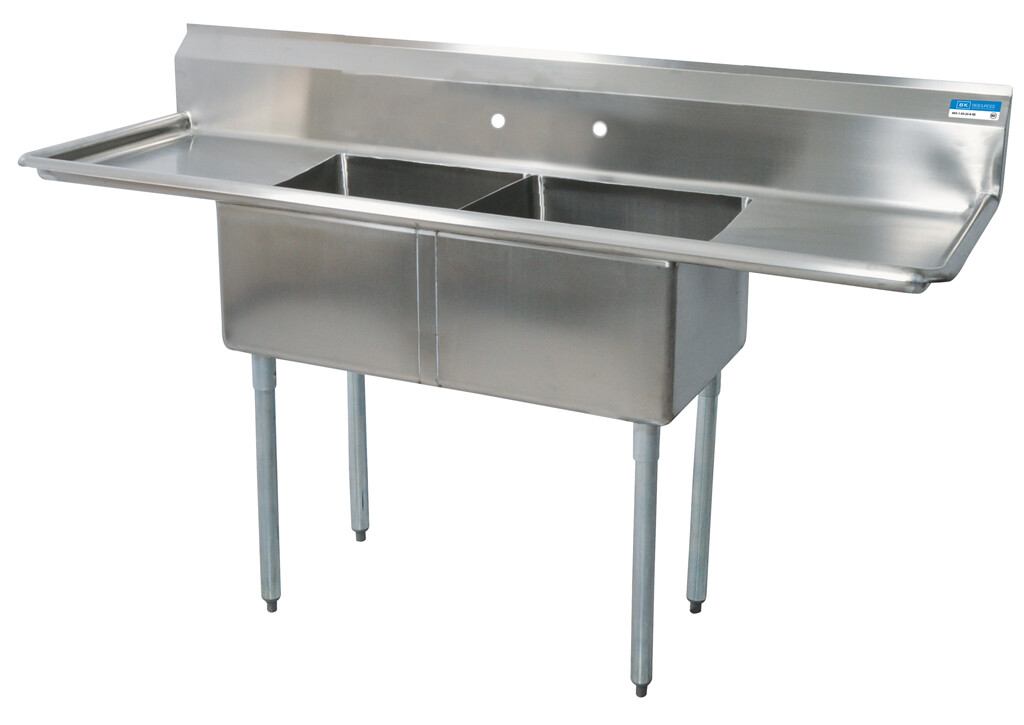 Stainless Steel 2 Compartment Sink w/ & Dual 18" Drainboards 16X20X12D Bowls