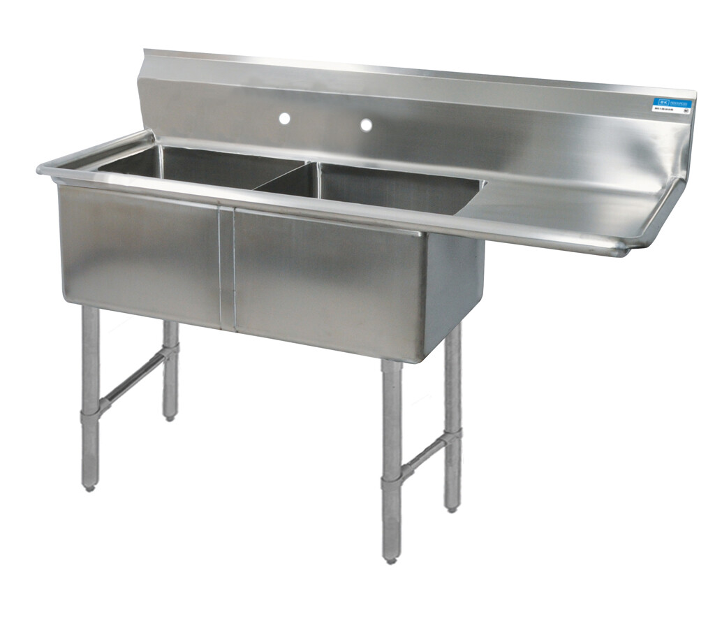 Stainless Steel 2 Compartment Sink w/ 24" Right Drainboard 24X24X14D Bowls