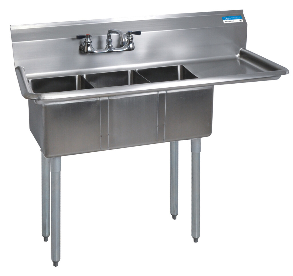 Stainless Steel 3 Compartment Sink Legs & Bracing 15" Right Drainboard 10X14X10D