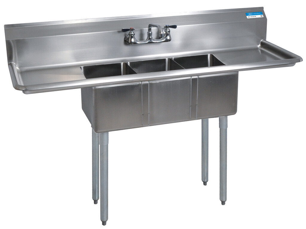 Stainless Steel 3 Compartment Sink Legs & Bracing Dual 15" Drainboards 10X14X10D