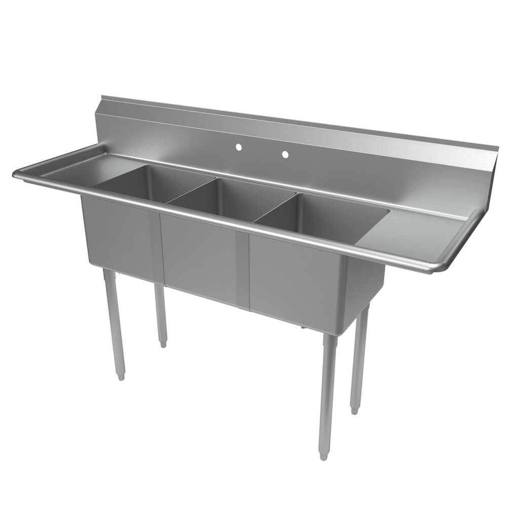 Stainless Steel 3 Compartment Sink Legs & Bracing Dual 12" Drainboards 14X16X12D