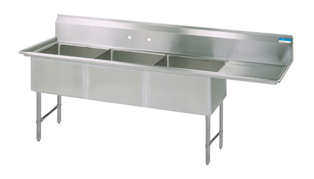 Stainless Steel 3 Compartment Sink Legs & Bracing Right Drainboard 15X15X14D Bowls