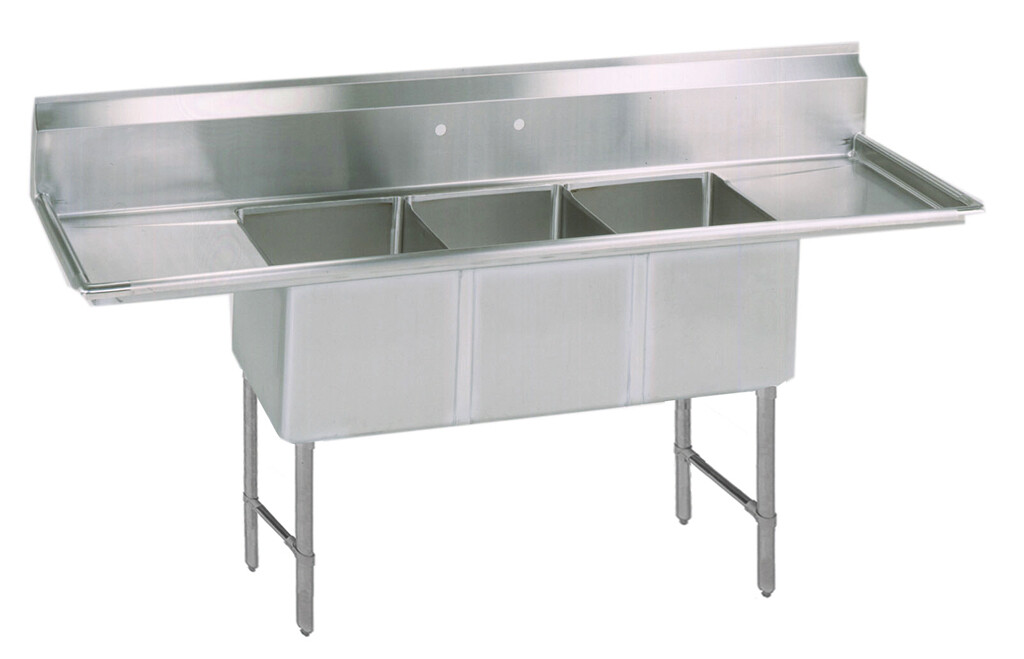 Stainless Steel 3 Compartment Sink w/ Dual 20" Drainboards 20X30X12D Bowls
