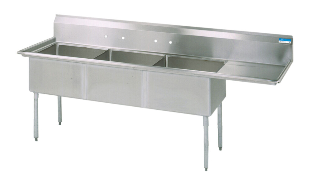 Stainless Steel 3 Compartment Sink w/ 24" Right Drainboard 24X24X14D Bowls