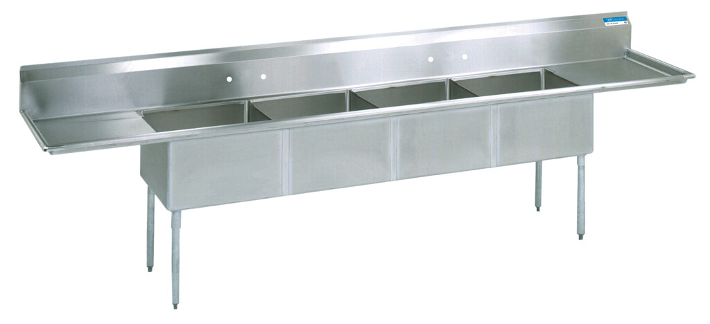 Stainless Steel 4 Compartment Sink Dual 18" Drainboards 16X20X14D Bowls