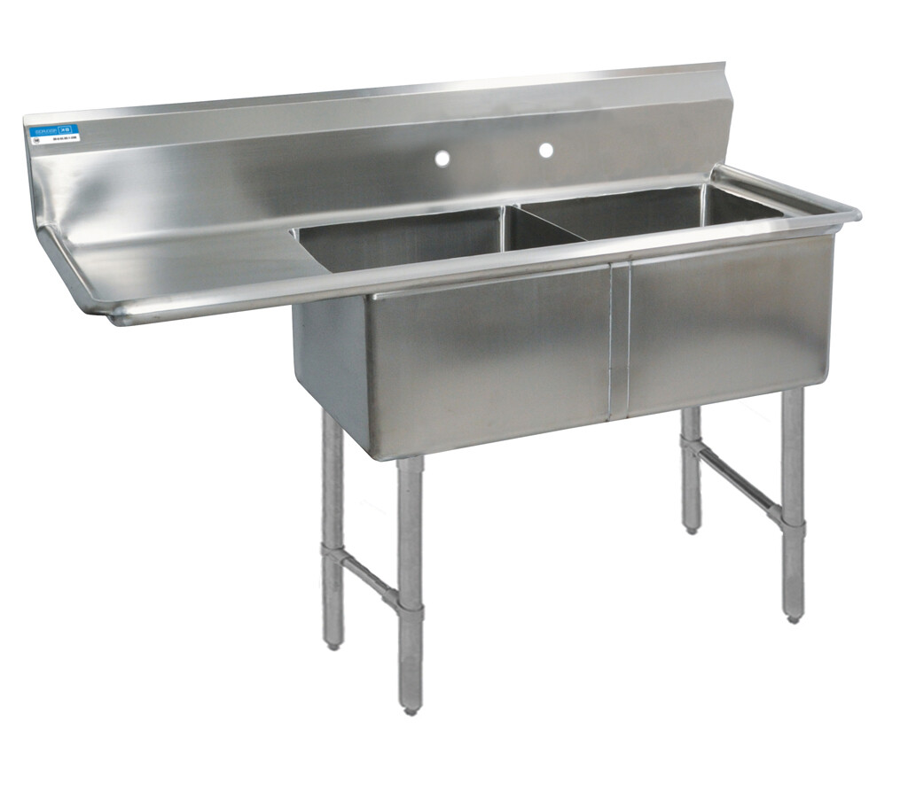 Stainless Steel 2 Compartment Sink 10" Riser Left Drainboard 24X24X14D Bowls