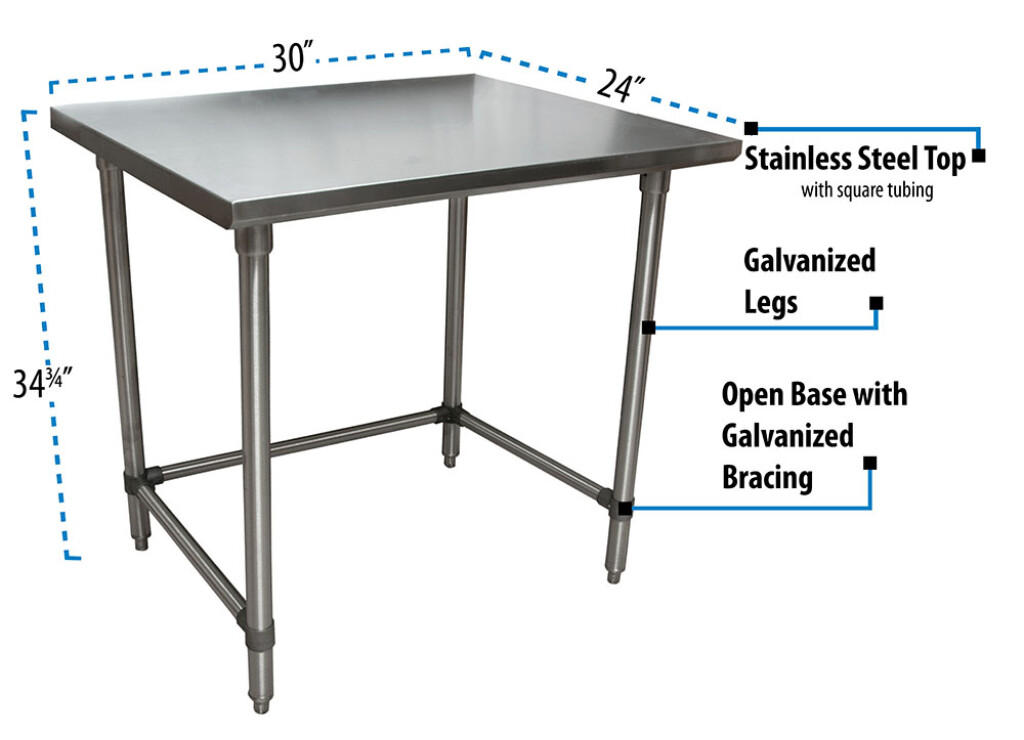 16 Gauge Stainless Steel Work Table Open Base Galvanized Legs 30"Wx24"D