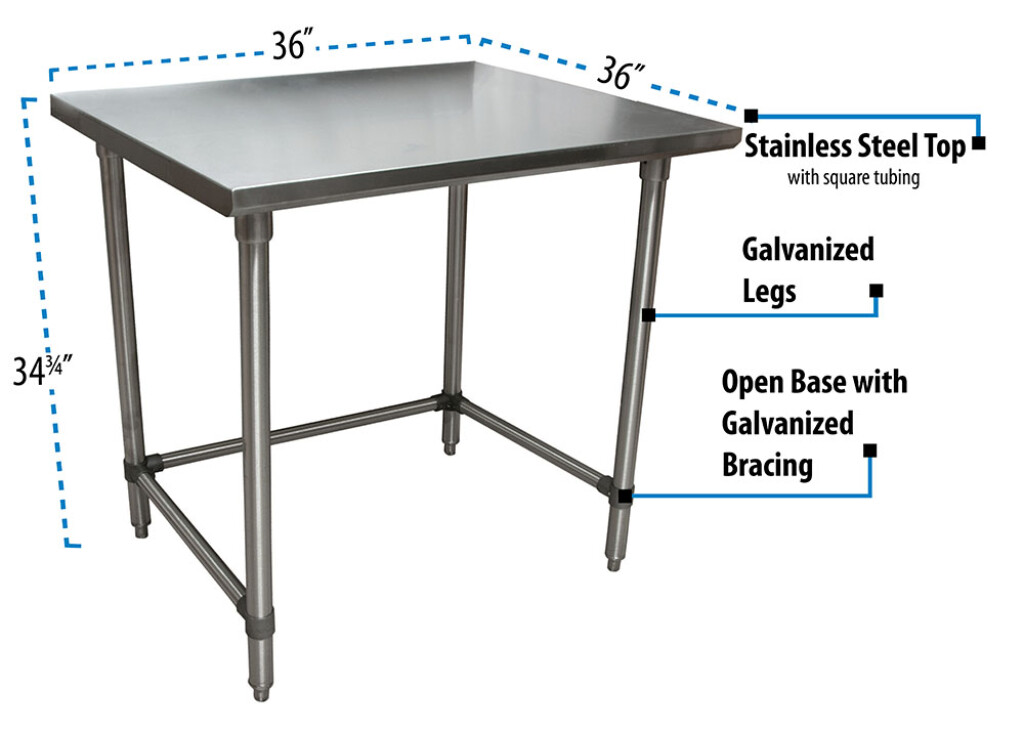16 Gauge Stainless Steel Work Table Open Base Galvanized Legs 36"Wx36"D