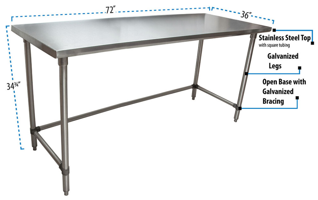 16 Gauge Stainless Steel Work Table Open Base Galvanized Legs 72"Wx36"D