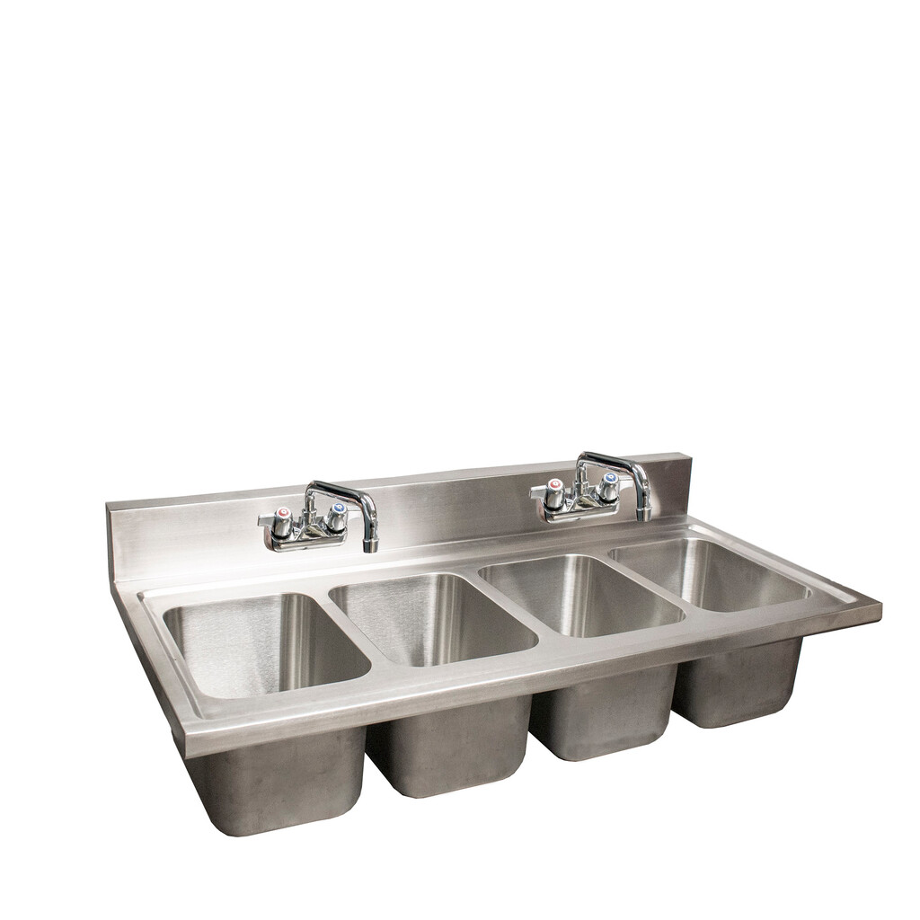 Stainless Steel 4 Compartment Dropin Sink w/ 10"x14"x10" Bowls & 5" Riser, (2) Faucets
