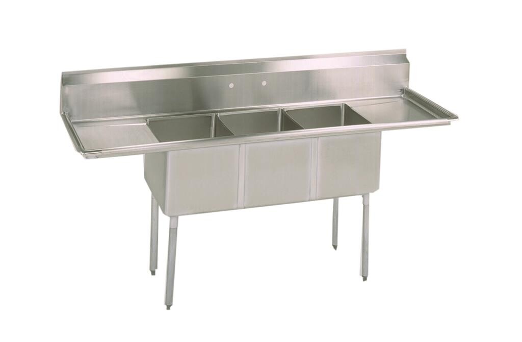 Stainless Steel 3 Compartment Economy Sink Dual 18" Drainboards 18X18X12D Bowl
