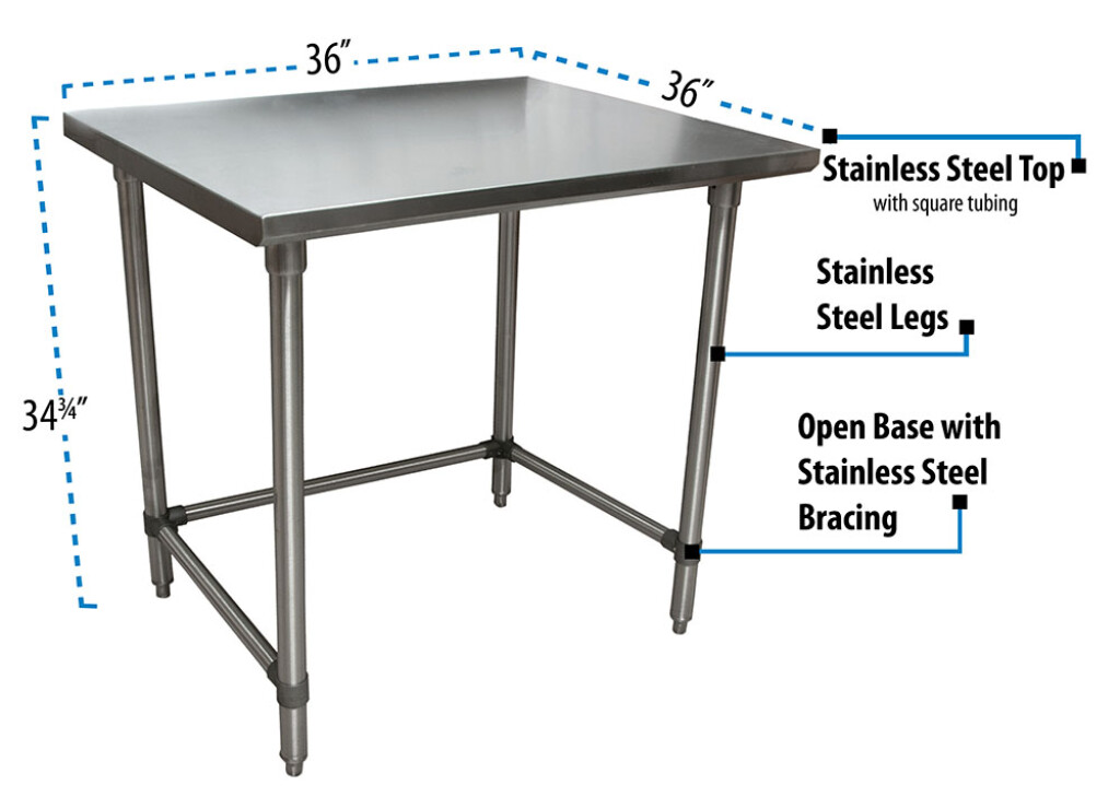14 Gauge Stainless Steel Work Table Open Base Stainless Steel Legs 36"Wx36"D