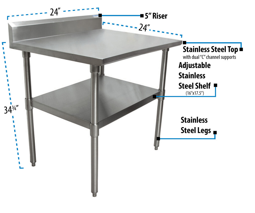 18 Gauge Stainless Steel Work Table Undershelf  5" Riser 24"x24"