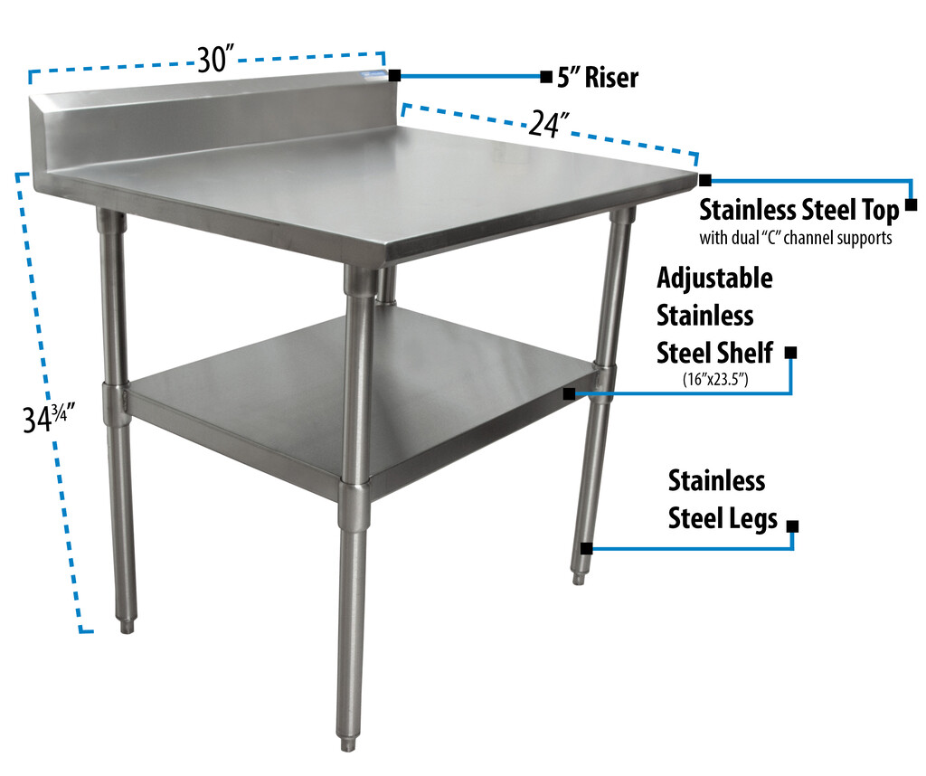 18 Gauge Stainless Steel Work Table Undershelf  5" Riser 30"x24"