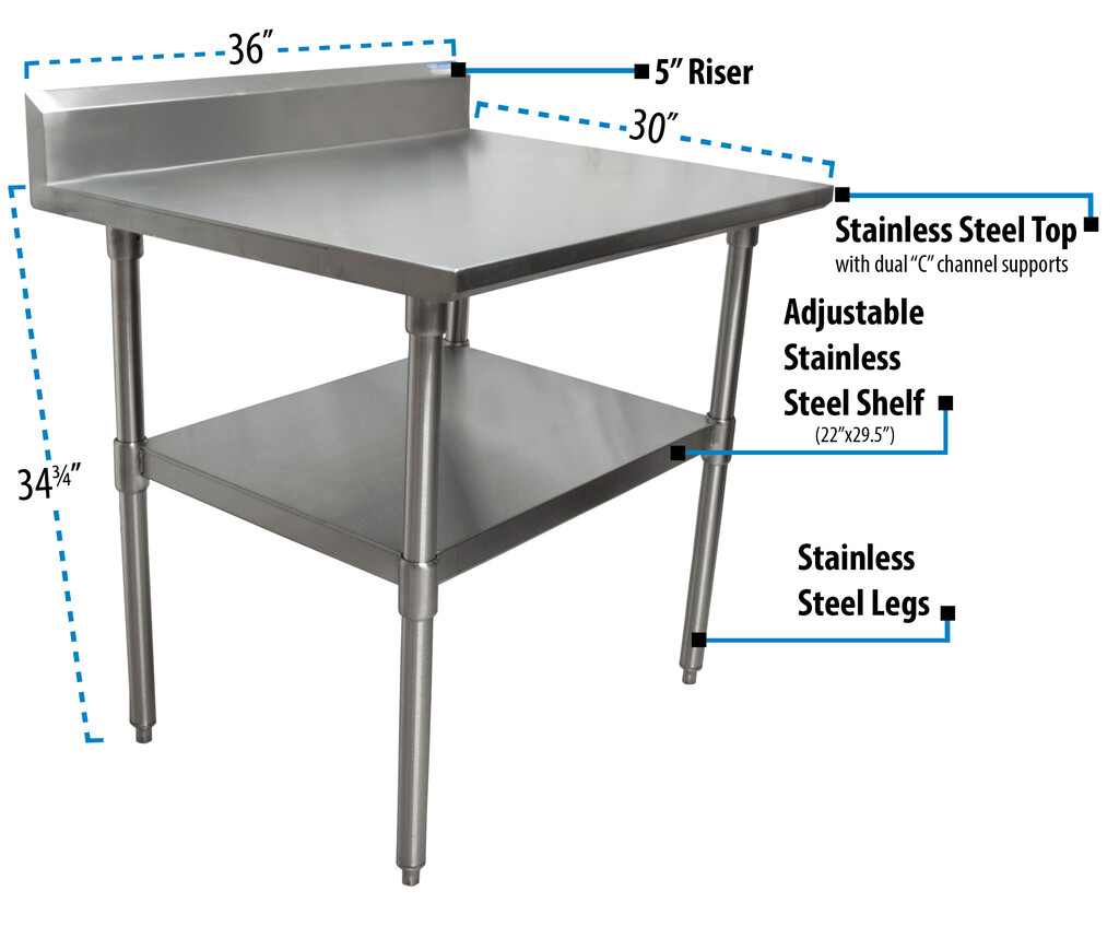 18 Gauge Stainless Steel Work Table Undershelf  5" Riser 36"x30"