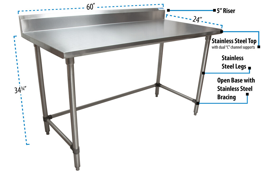 18 Gauge Stainless Steel Work Table W/Open Base  5 Riser 60"Wx24"D