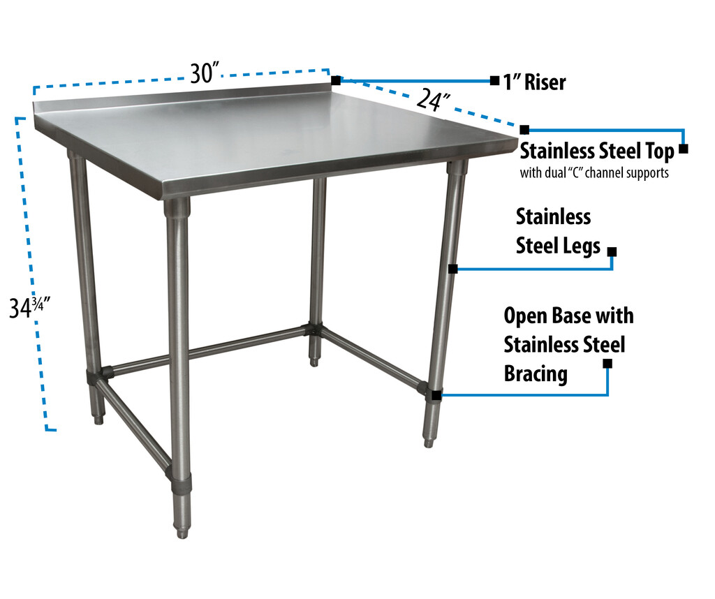 18 Gauge Stainless Steel Work Table Open Base  1.5 Riser 30"Wx24"D