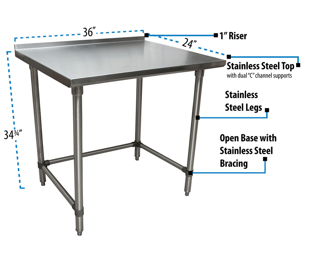 18 Gauge Stainless Steel Work Table Open Base  1.5 Riser 36"Wx24"D