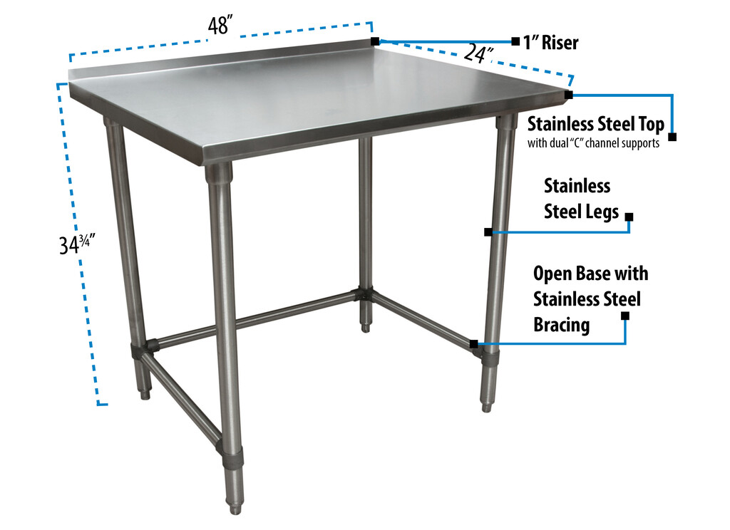 18 Gauge Stainless Steel Work Table Open Base  1.5 Riser 48"Wx24"D