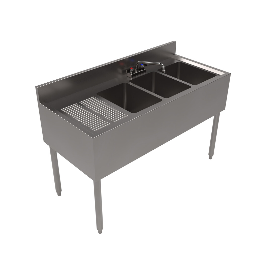 21"X48" Stainless Steel Underbar Sink w/ Legs 3 Compartment Left Drainboard and Faucet