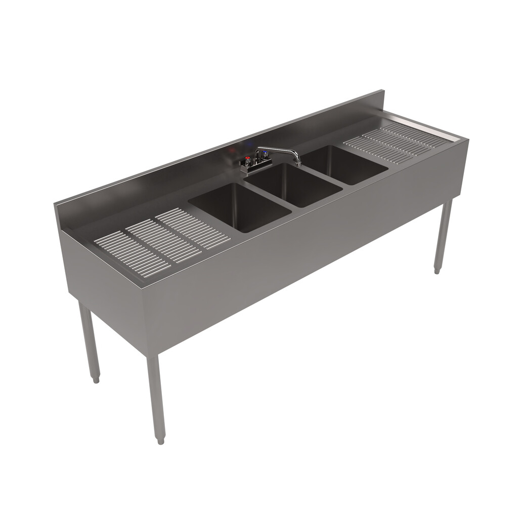 21"X72" Stainless Steel Underbar Sink w/ Legs 3 Compartment Two Drainboards and Faucet 