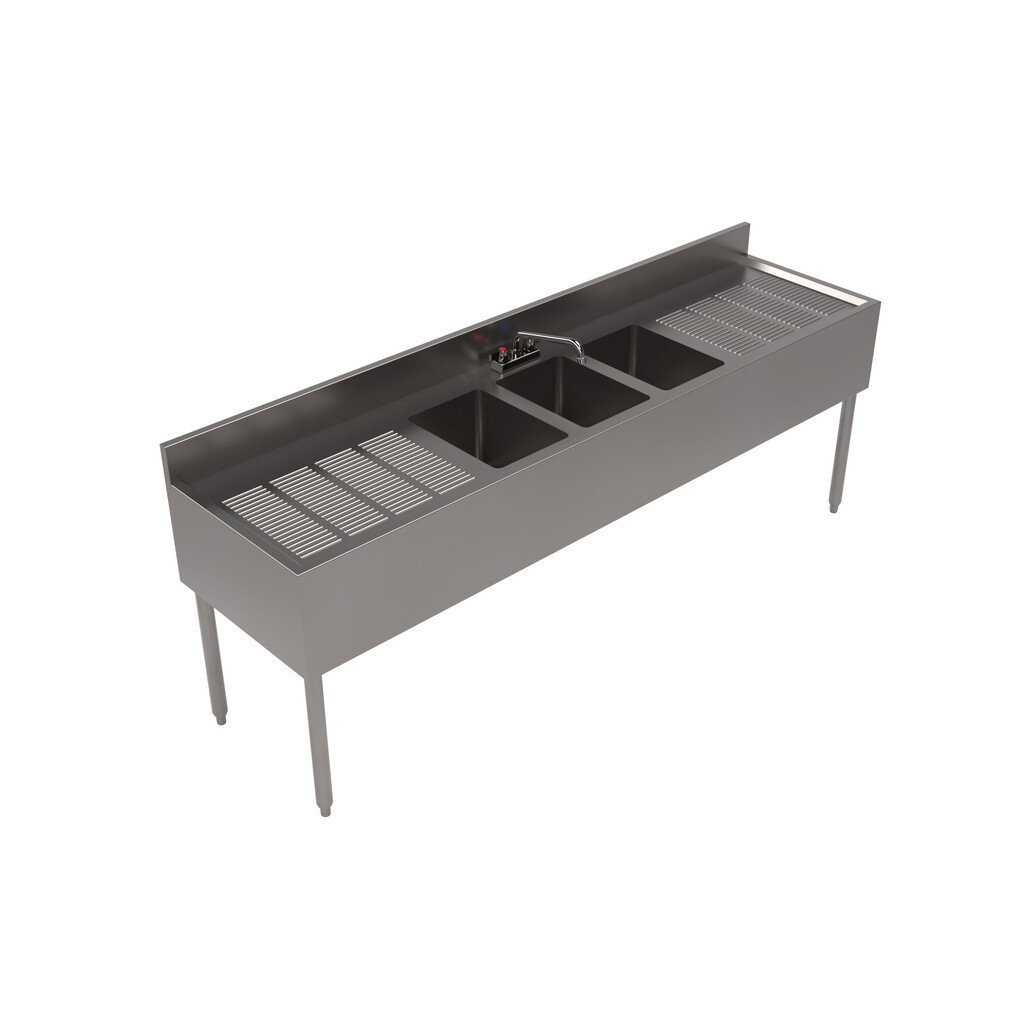 21"X84" Stainless Steel Underbar Sink w/ Legs 3 Compartment Two Drainboards and Faucet 