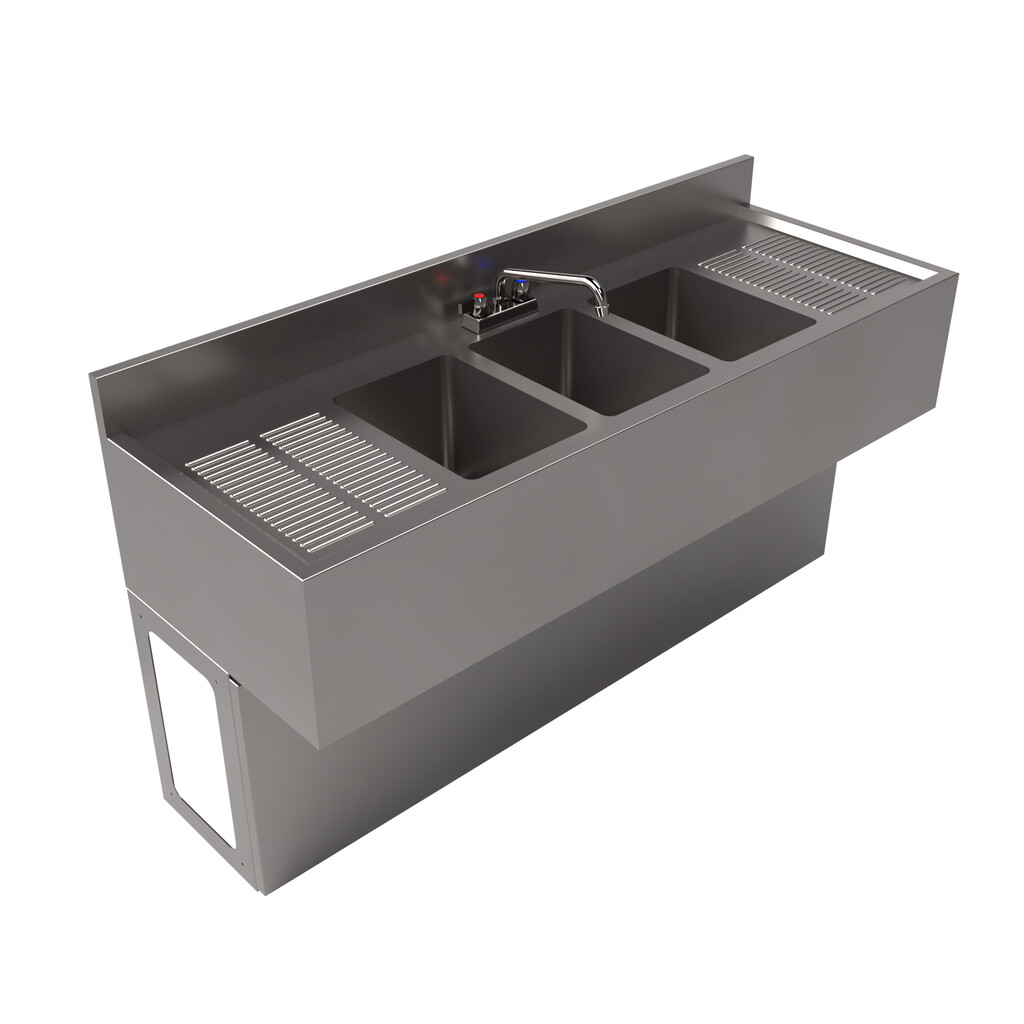 21"X60" Stainless Steel Underbar Sink 3 Compartment w/ 2 Drainboards and Faucet