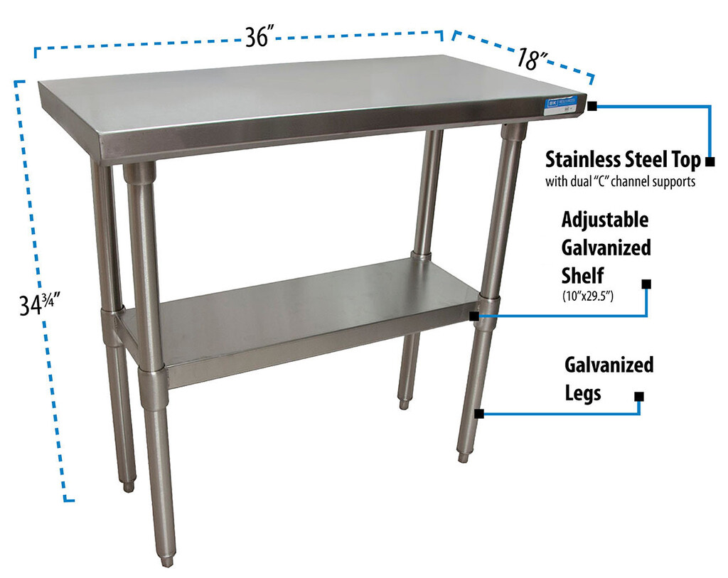 18 Stainless Steel Guage Work Table w/Galvanized Undershelf 36"Wx18"D