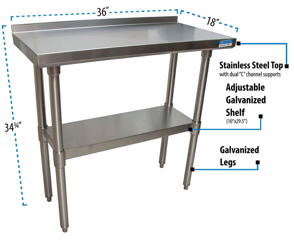 18 Gauge Stainless Steel Work Table  With Undershelf 1.5" Riser 36"Wx18"D