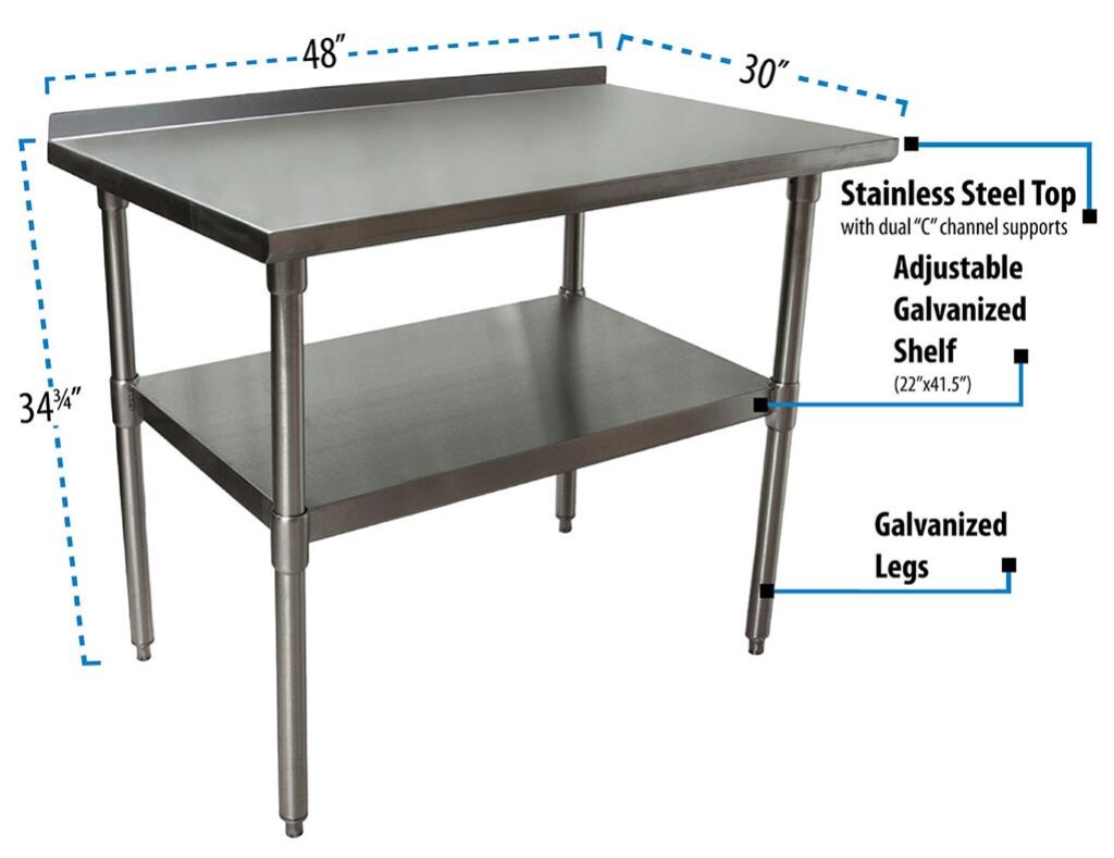 18 Gauge Stainless Steel Work Table  With Undershelf 1.5" Riser 48"Wx30"D
