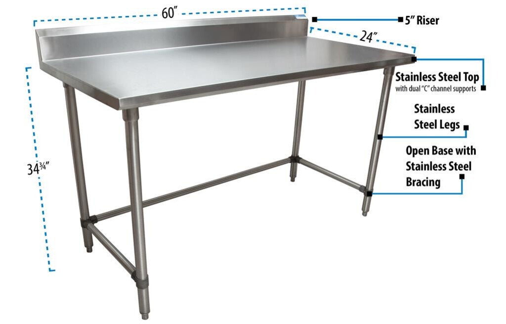 18 Gauge Stainless Steel Work Table  With Open Base 5" Riser 60"Wx24"D