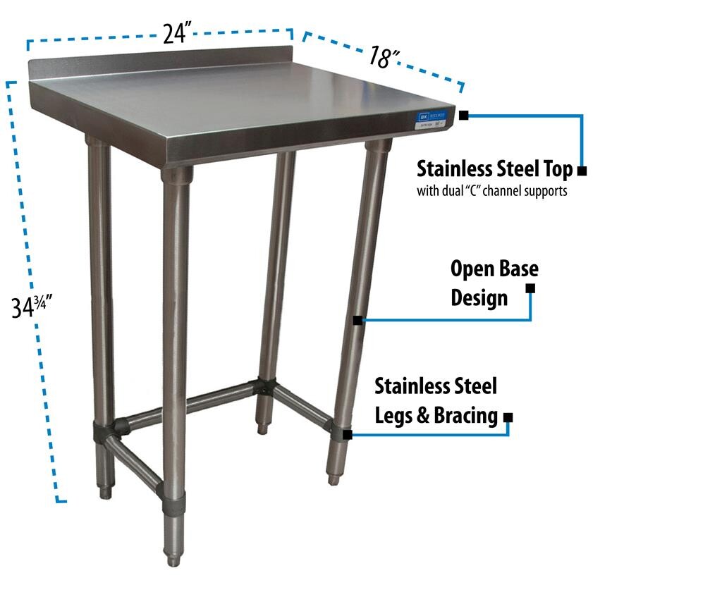 18 Gauge Stainless Steel Work Table With Open Base 1.5" Riser 24"Wx18"D