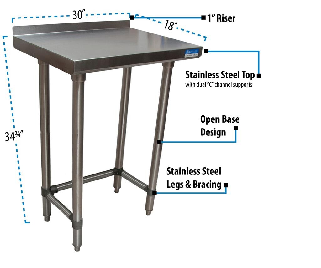18 Gauge Stainless Steel Work Table With Open Base 1.5" Riser 30"Wx18"D